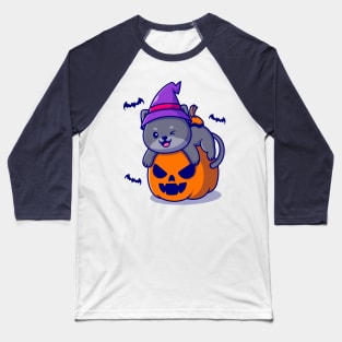 Cute Witch Cat Hug Pumpkin Halloween Cartoon Baseball T-Shirt